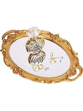 Polyresin Ellipse Antique Decorative Mirror Tray, Makeup Organizer, Jewelry Tray